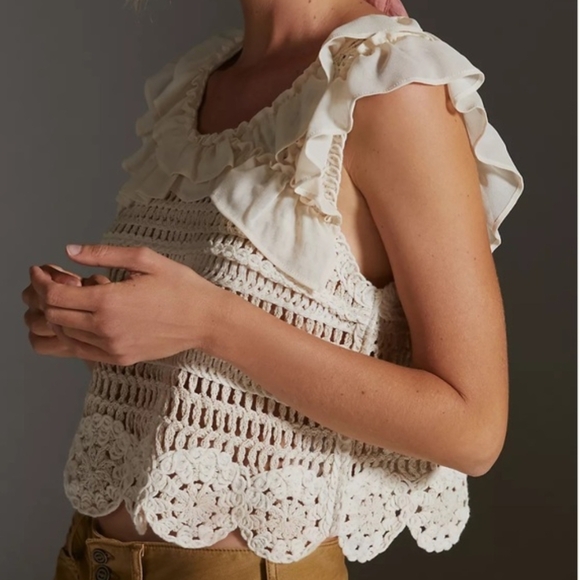 Anthropologie Ruffled Ivory Ruffled Crochet Top - Picture 2 of 10